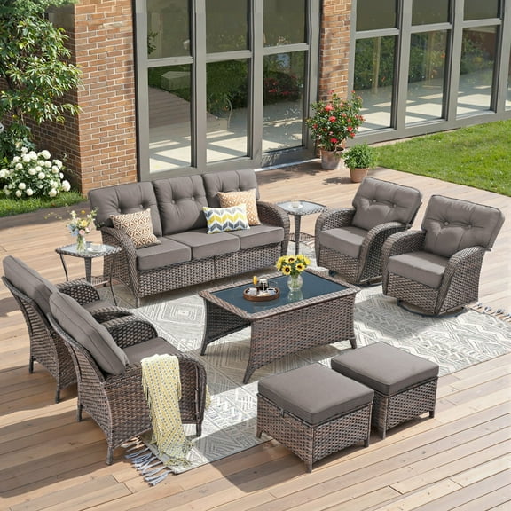 Unnifurnzi 10 Pieces Patio Furniture-Outdoor Patio Couch with Outdoor Swivel Rocking Chair Deep Seat Rattan Conversation Set for Deck Porch Garden Balcony Poolside-Brown/Gray