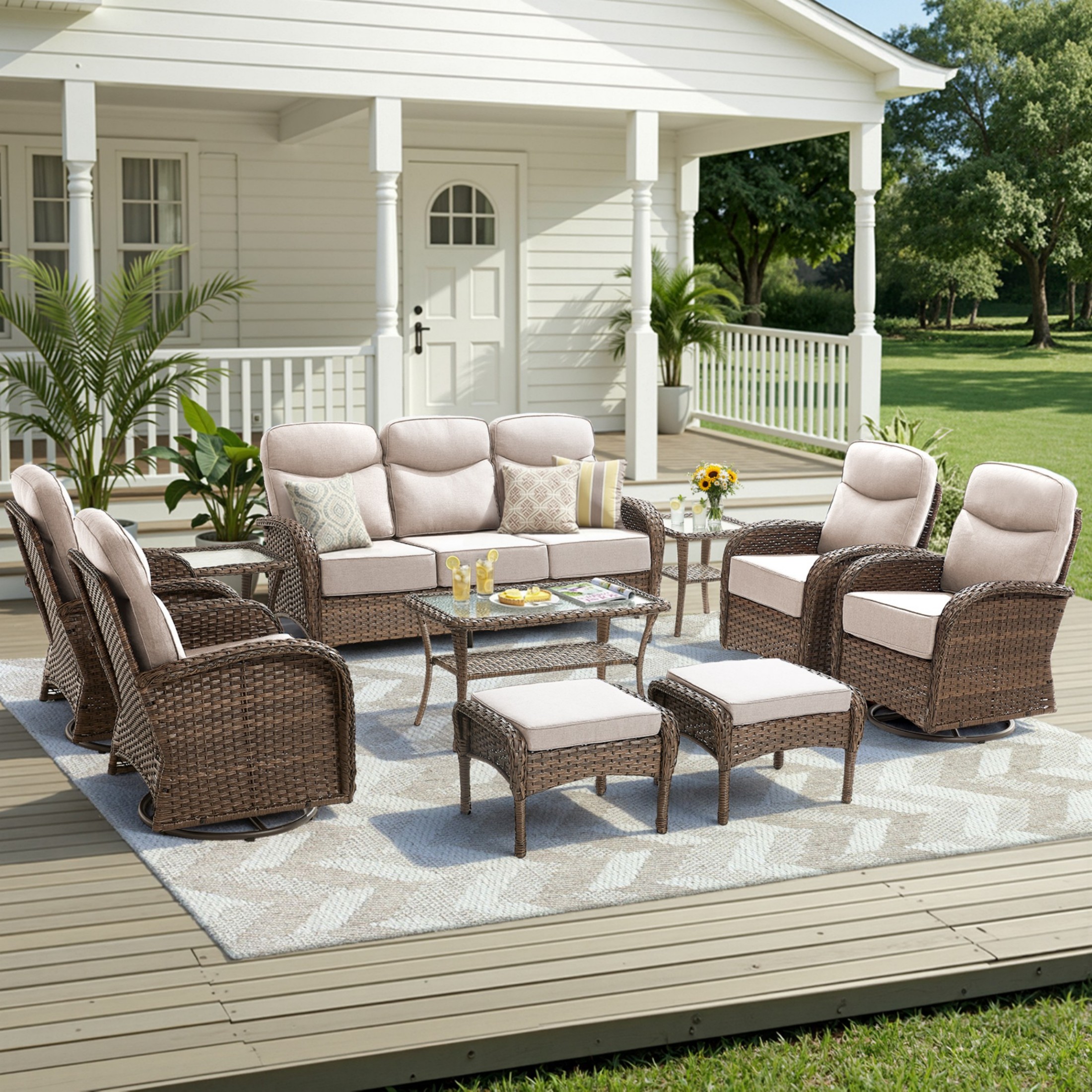 Unnifurnzi 10 Pieces Patio Furniture Set-6'' Thick Cushions Outdoor Furniture with Swivel Rocker Chairs Outdoor Couch and Ottomans Wicker Patio Furniture for Deck Porch Garden Poolside-Brown/Beige