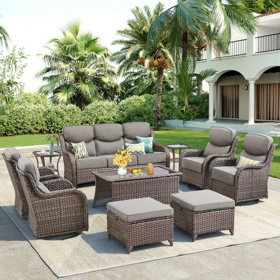 Unnifurnzi 10 Pieces Wicker Outdoor Furniture-Outdoor Swivel Chairs Set of 4 with 6 Inch Thick Cushions Outdoor Couch with Outdoor Ottoman Patio Furniture Set for Deck Porch Poolside-Brown/Gray
