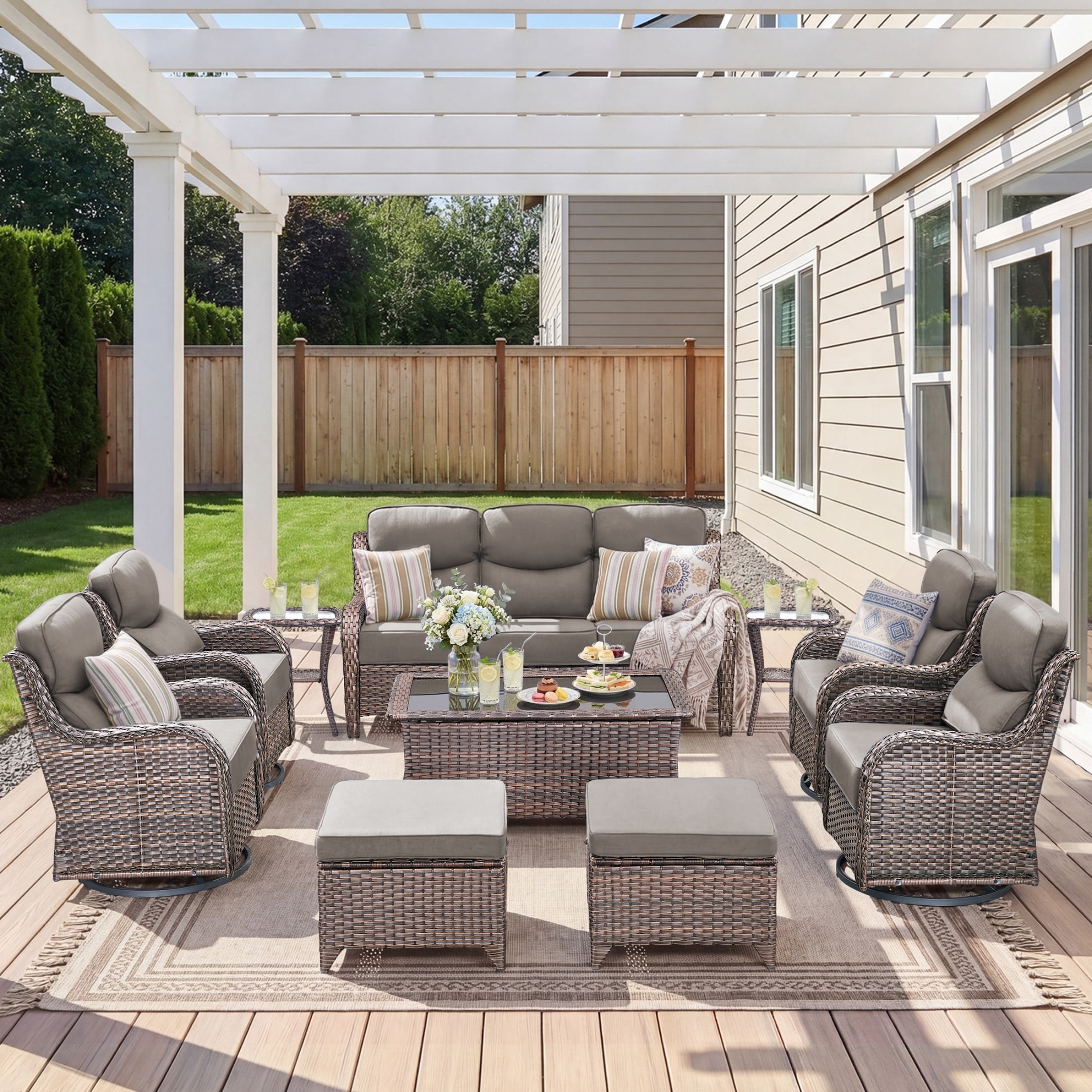 Unnifurnzi 10 Pieces Wicker Outdoor Furniture-Outdoor Swivel Chairs Set of 4 with 6 Inch Thick Cushions Outdoor Couch with Outdoor Ottoman Patio Furniture Set for Deck Porch Poolside-Brown/Gray