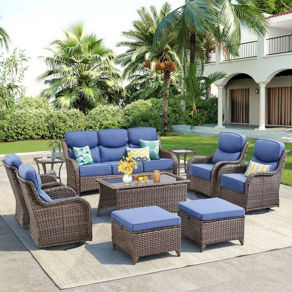 Unnifurnzi 10 Pieces Wicker Outdoor Furniture-Outdoor Swivel Chairs Set of 4 with 6 Inch Thick Cushions Outdoor Couch with Outdoor Ottoman Patio Furniture Set for Deck Porch Poolside-Brown/Blue