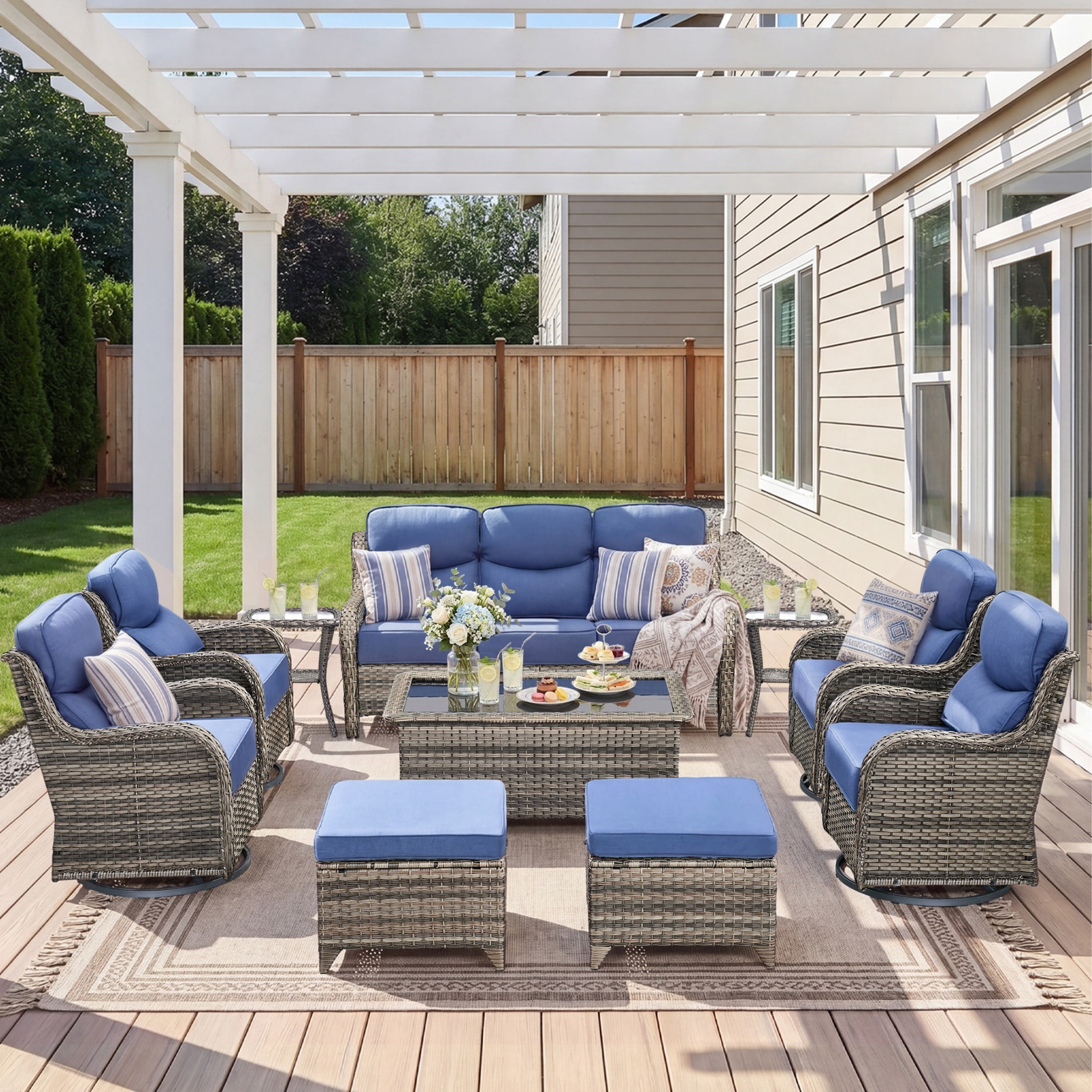 Unnifurnzi 10 Pieces Wicker Outdoor Furniture-Outdoor Swivel Chairs Set of 4 with 6 Inch Thick Cushions Outdoor Couch with Outdoor Ottoman Patio Furniture Set for Deck Porch Poolside-Gray/Blue