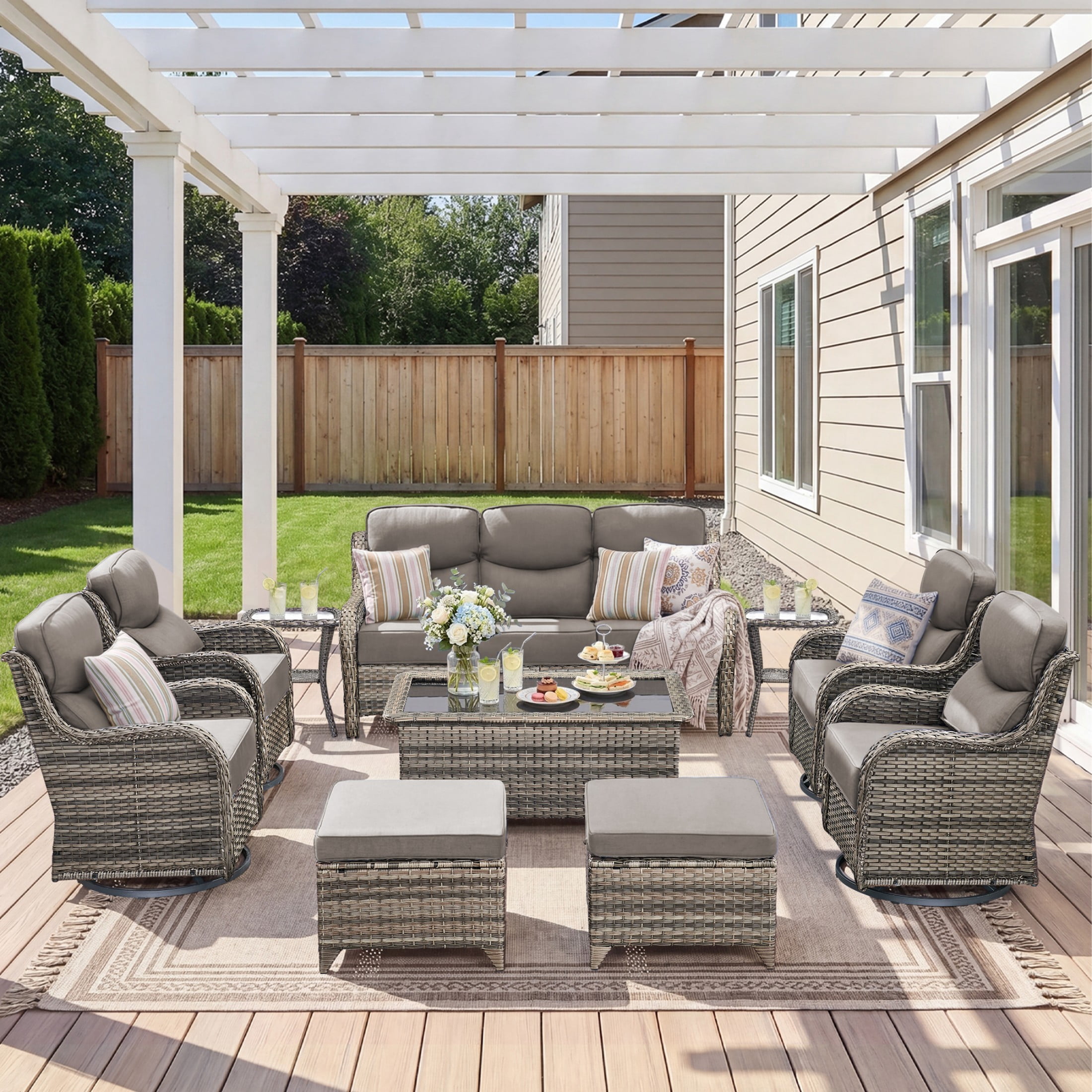 Unnifurnzi 10 Pieces Wicker Outdoor Furniture-Outdoor Swivel Chairs Set of 4 with 6 Inch Thick Cushions Outdoor Couch with Outdoor Ottoman Patio Furniture Set for Deck Porch Poolside-Gray/Gray