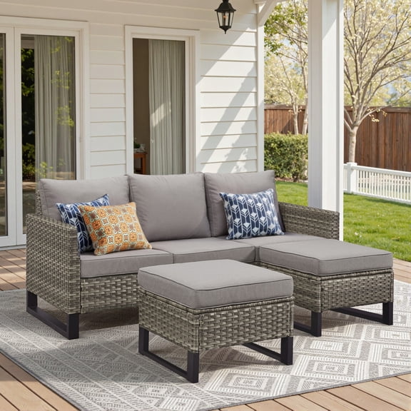 Unnifurnzi 3 Piece Wicker Patio Furniture-All-Weather Outdoor Wicker Couch with Ottoman Patio Furniture for Porch Deck Balcony Garden-Gray/Gray