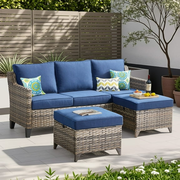 Unnifurnzi 3 Pieces Outdoor Couch Set-All Weather Wicker Outdoor Couch with Patio Ottoman High Back Patio Sofa Set for Porch Balcony Deck-Gray/Blue