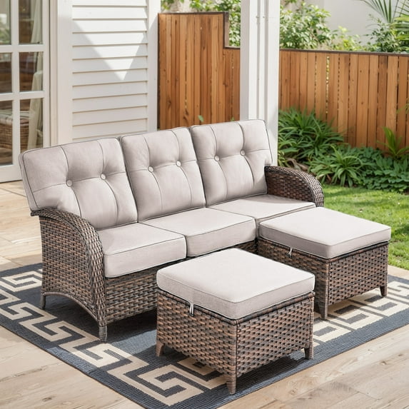 Unnifurnzi 3 Pieces Outdoor Couch Set-Deep Seating Patio Couch with Outdoor Ottoman Small Patio Furniture Set for Deck Porch Garden Balcony Poolside-Brown/Beige