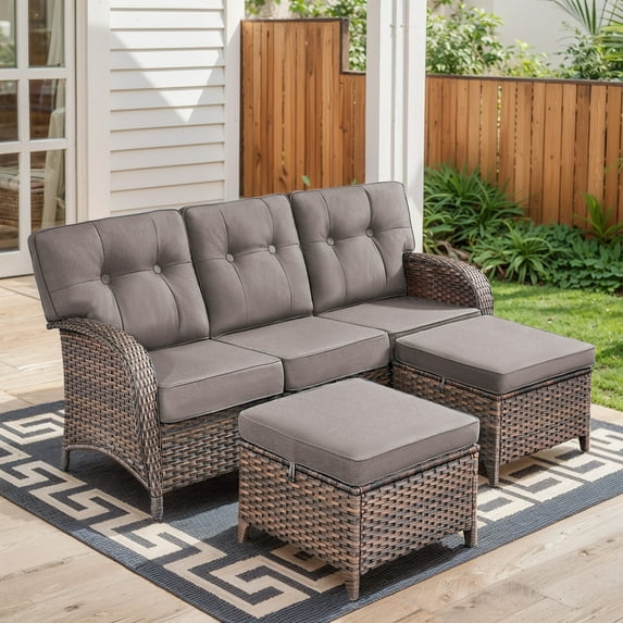 Unnifurnzi 3 Pieces Outdoor Couch Set-Deep Seating Patio Couch with Outdoor Ottoman Small Patio Furniture Set for Deck Porch Garden Balcony Poolside-Brown/Gray