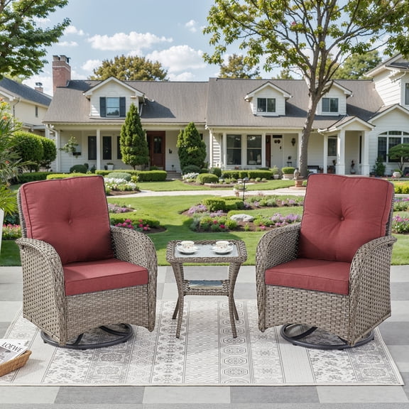 Unnifurnzi 3 Pieces Patio Bistro Set Outdoor Swivel Rocker Patio Chairs with Side Table Patio Furniture for Deck Porch Garden Balcony Poolside-Gray/Red