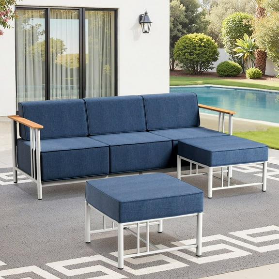 Unnifurnzi 3 Pieces Patio Furniture Set-High Back 3 Seater Outdoor Couch with Outdoor Ottoman Patio Couch Set for Deck Porch Poolside Balcony-White/Blue