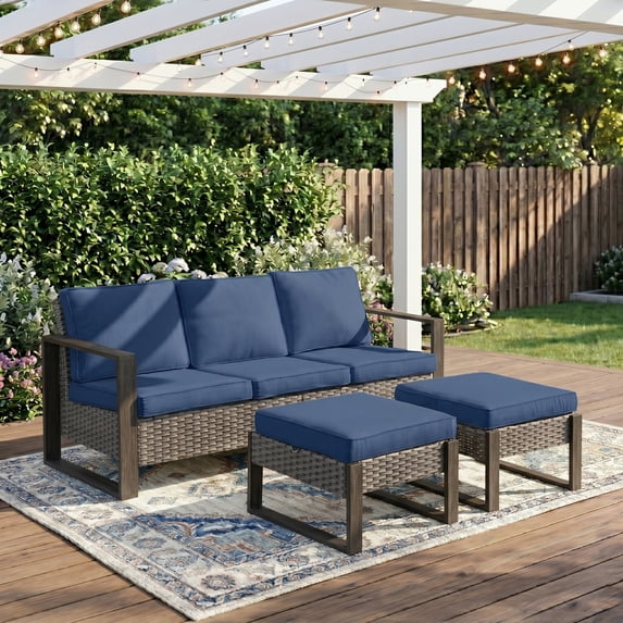 Unnifurnzi 3 Seater Patio Wicker Sofa-All Weather High Back Outdoor Rattan Couch with Outdoor Ottomans Patio Sofa Set for Porch Garden Backyard Poolside-Gray/Blue