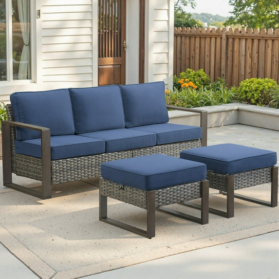 Unnifurnzi 3 Seater Patio Wicker Sofa-All Weather High Back Outdoor Rattan Couch with Outdoor Ottomans Patio Sofa Set for Porch Garden Backyard Poolside-Gray/Blue