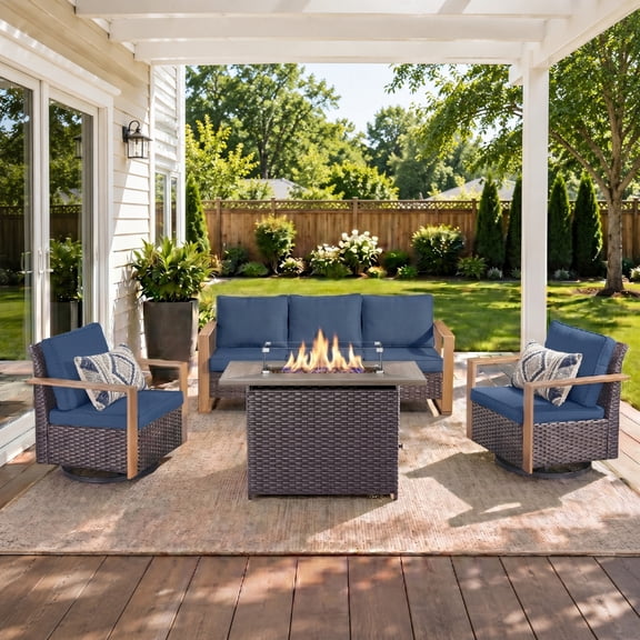 Unnifurnzi 4 Pieces Patio Furniture Set with Fire Pit-All Weather Wicker Outdoor Swivel Chair with Outdoor Couch Outdoor Furniture for Garden Backyard Balcony Poolside-Brown/Blue
