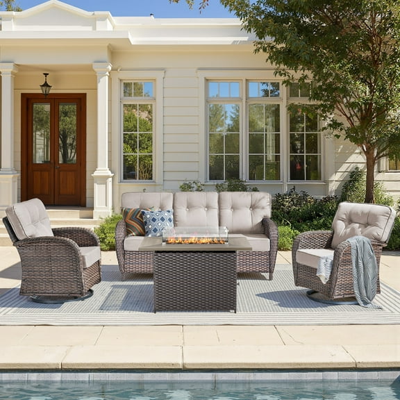 Unnifurnzi 4 Pieces Patio Furniture Set with Fire Pit Table-All Weather Wicker Patio Conversation Sets with Swivel Patio Chairs Outdoor Couch for Deck Porch Garden Balcony Poolside-Brown/Beige
