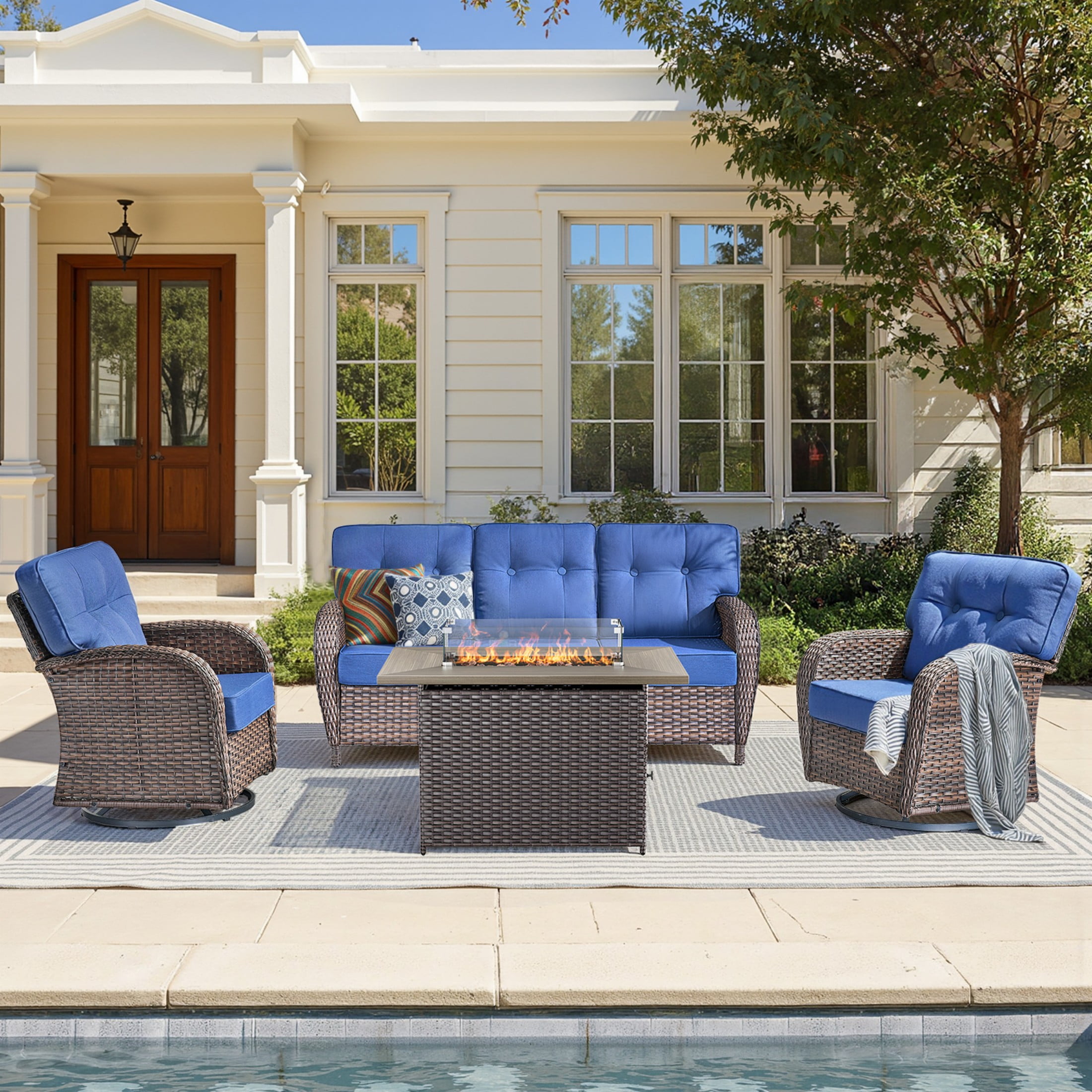 Unnifurnzi 4 Pieces Patio Furniture Set with Fire Pit Table-All Weather Wicker Patio Conversation Sets with Swivel Patio Chairs Outdoor Couch for Deck Porch Garden Balcony Poolside-Brown/Blue