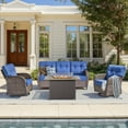 thumbnail image 1 of Unnifurnzi 4 Pieces Patio Furniture Set with Fire Pit Table-All Weather Wicker Patio Conversation Sets with Swivel Patio Chairs Outdoor Couch for Deck Porch Garden Balcony Poolside-Brown/Blue, 1 of 7