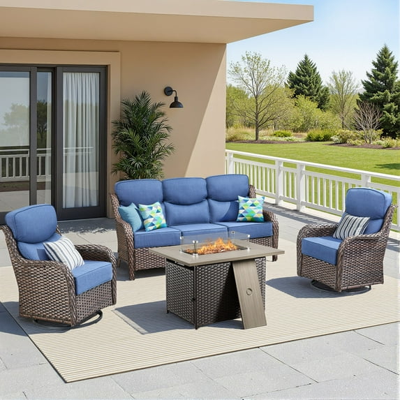 Unnifurnzi 4 Pieces Patio Furniture Set with Fire Pit Table-High Back Outdoor Swivel Chairs Set of 2 with Outdoor Wicker Couch Patio Conversation Sets for Deck Porch Poolside-Brown/Blue