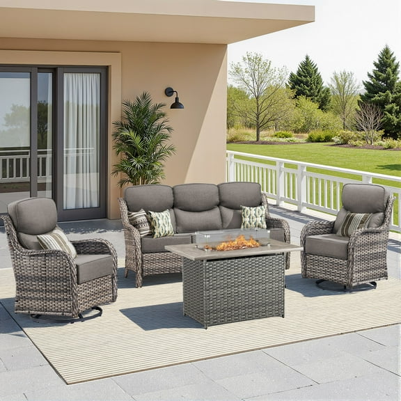 Unnifurnzi 4 Pieces Patio Furniture Set with Fire Pit Table-High Back Outdoor Swivel Chairs Set of 2 with Outdoor Wicker Couch Patio Conversation Sets for Deck Porch Poolside-Gray/Gray