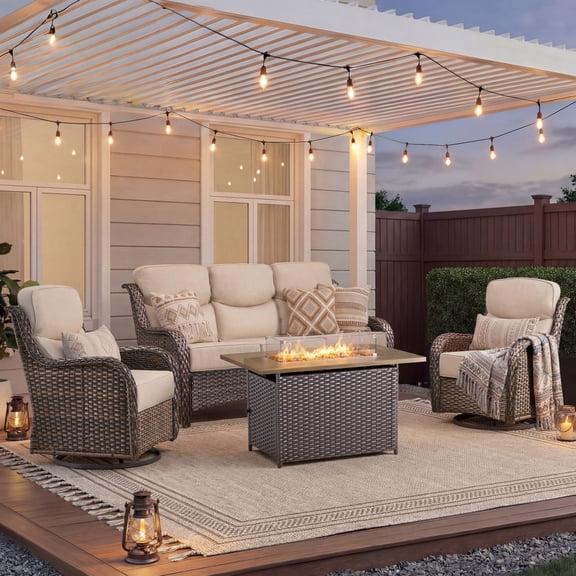 Unnifurnzi 4 Pieces Patio Furniture Set with Fire Pit Table-High Back Outdoor Swivel Chairs Set of 2 with Outdoor Wicker Couch Patio Conversation Sets for Deck Porch Poolside-Brown/Beige