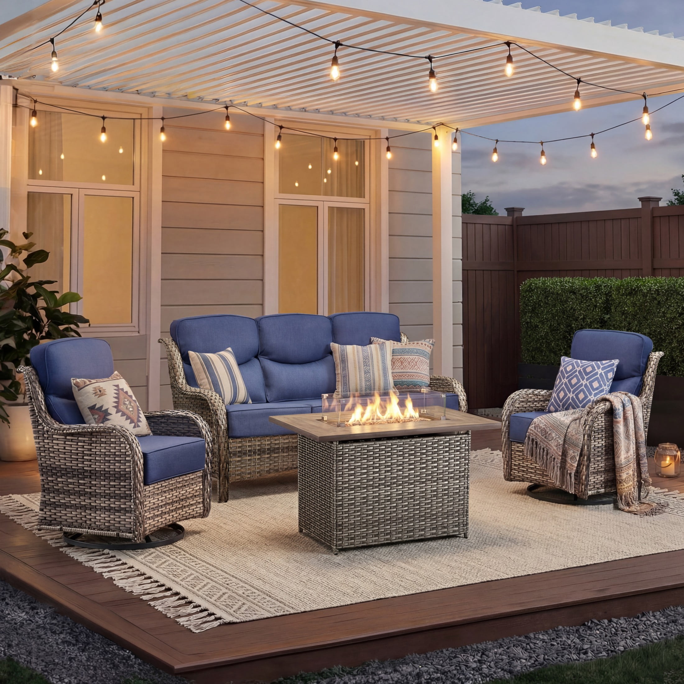 Unnifurnzi 4 Pieces Patio Furniture Set with Fire Pit Table-High Back Outdoor Swivel Chairs Set of 2 with Outdoor Wicker Couch Patio Conversation Sets for Deck Porch Poolside-Gray/Blue