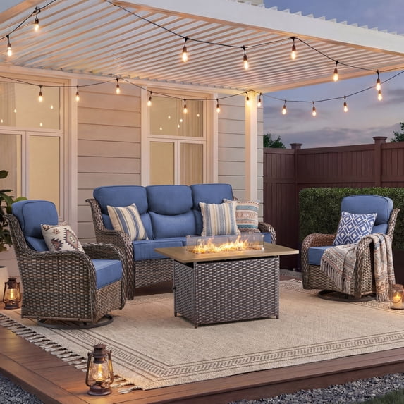 Unnifurnzi 4 Pieces Patio Furniture Set with Fire Pit Table-High Back Outdoor Swivel Chairs Set of 2 with Outdoor Wicker Couch Patio Conversation Sets for Deck Porch Poolside-Brown/Blue