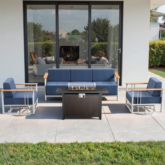 Unnifurnzi 4 Pieces Patio Furniture Set with Fire Pit Table-Outdoor Furniture with Swivel Rocking Chairs High Back Patio Couch for Deck Porch Poolside Balcony-White/Blue