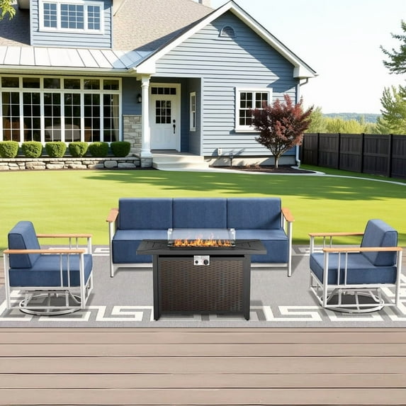 Unnifurnzi 4 Pieces Patio Furniture Set with Fire Pit Table-Outdoor Furniture with Swivel Rocking Chairs High Back Patio Couch for Deck Porch Poolside Balcony-White/Blue