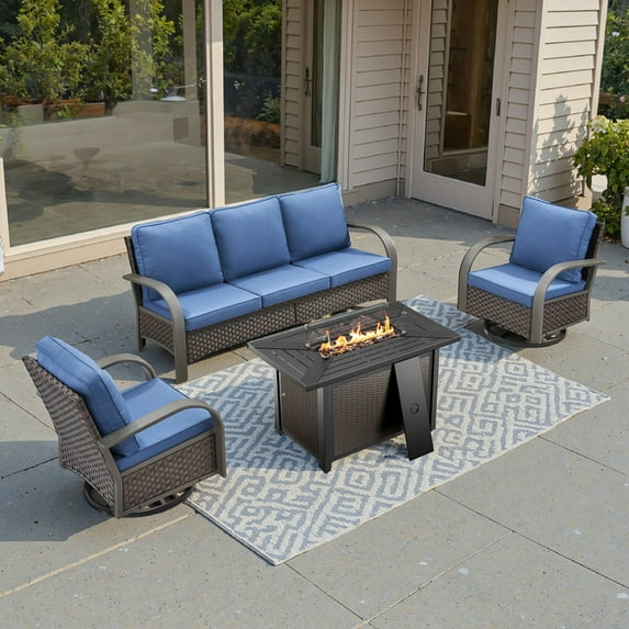 Unnifurnzi 4 Pieces Patio Furniture Set with Fire Pit Table-Outdoor Swivel Glider Rocking Chair with Outdoor Couch Patio Furniture Sets for Deck Porch Garden Poolside Backyard-Brown/Blue