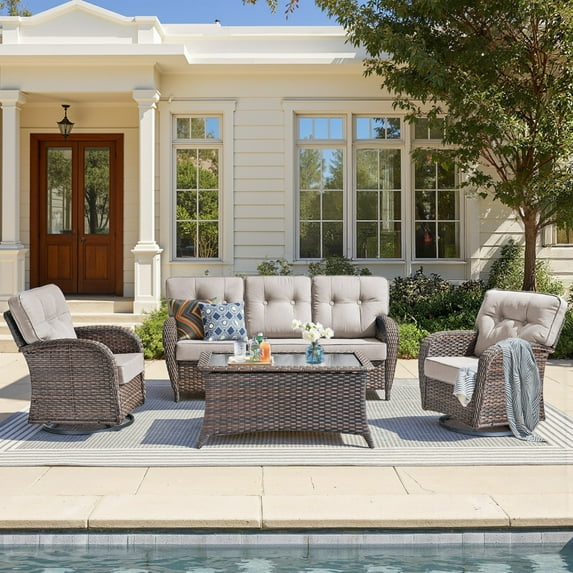 Unnifurnzi 4 Pieces Patio Furniture Set-High Back Outdoor Couch with Swivel Patio Chairs Wicker Patio Furniture for Deck Porch Garden Balcony Poolside-Brown/Beige