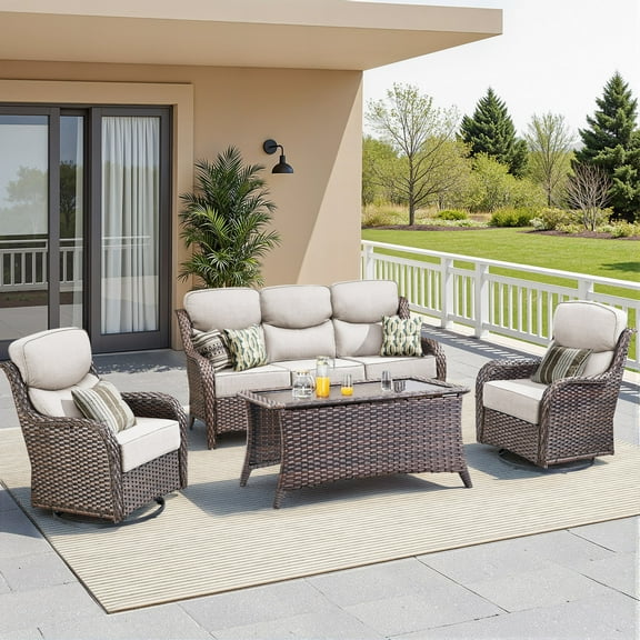 Unnifurnzi 4 Pieces Patio Furniture Set-High Back Outdoor Swivel Chairs Set of 2 with Outdoor Wicker Couch Patio Conversation Sets for Deck Porch Poolside Balcony-Brown/Beige