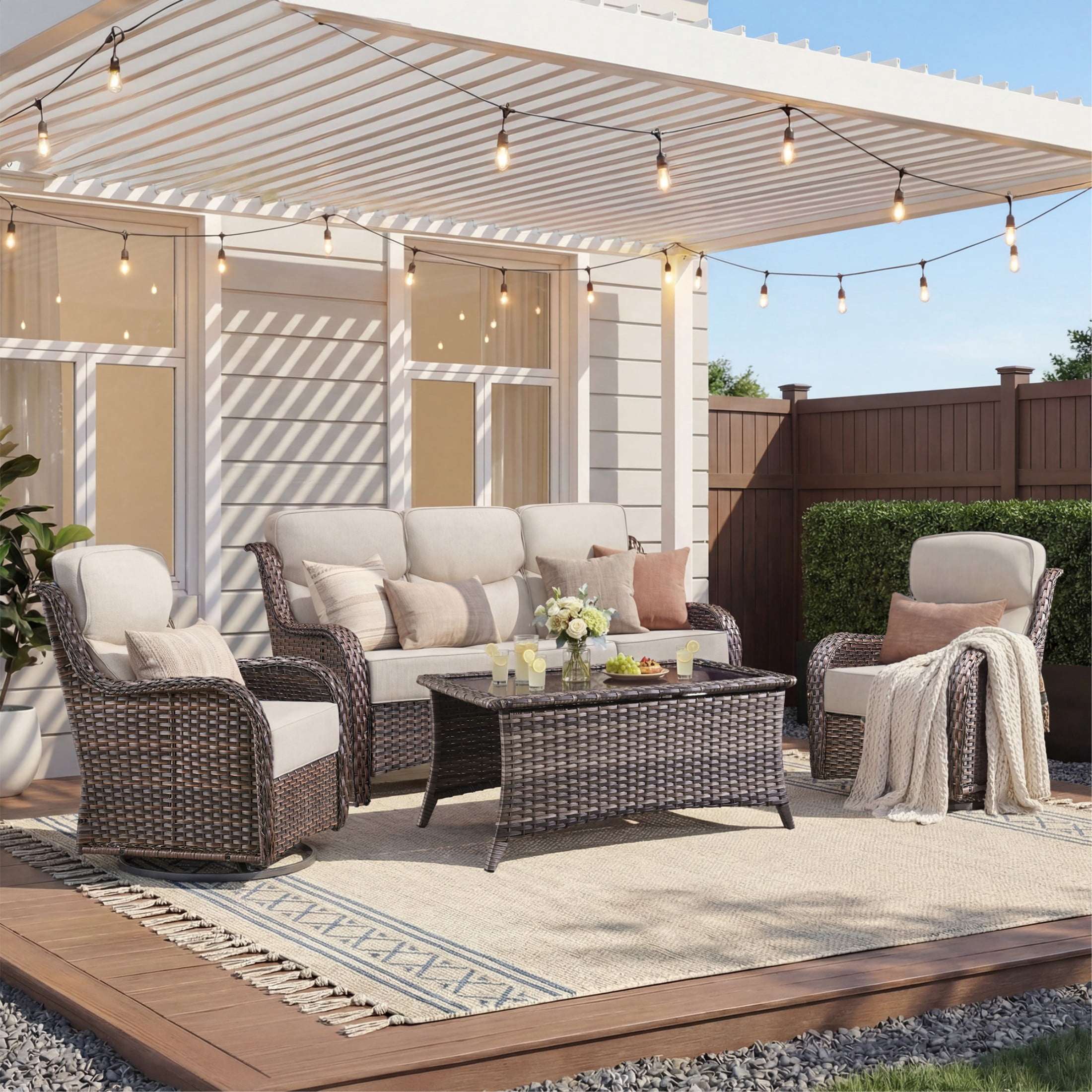 Unnifurnzi 4 Pieces Patio Furniture Set-High Back Outdoor Swivel Chairs Set of 2 with Outdoor Wicker Couch Patio Conversation Sets for Deck Porch Poolside Balcony-Brown/Beige