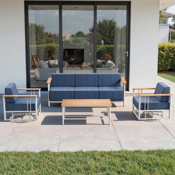 Unnifurnzi 4 Pieces Patio Furniture Set-Patio Conversation Sets with Swivel Rocking Chairs High Back Patio Couch for Deck Porch Poolside Balcony-White/Blue