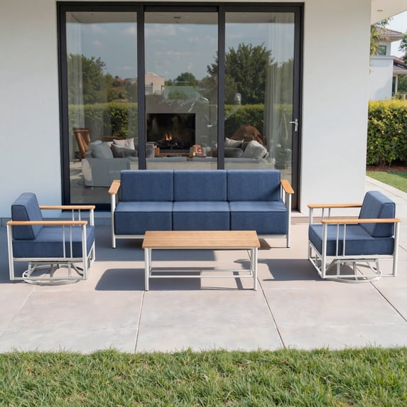 Unnifurnzi 4 Pieces Patio Furniture Set-Patio Conversation Sets with Swivel Rocking Chairs High Back Patio Couch for Deck Porch Poolside Balcony-White/Blue