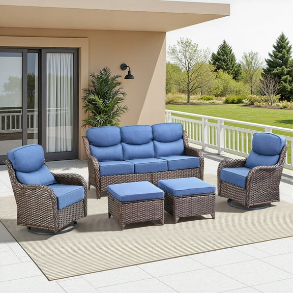 Unnifurnzi 5 Pieces Outdoor Furniture-All Weather Wicker Swivel Patio Chairs with Patio Couch Patio Furniture for Deck Porch Poolside Balcony-Brown/Blue