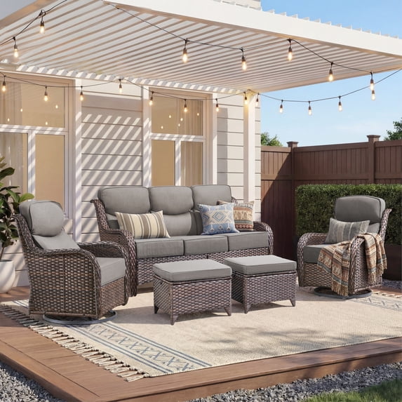 Unnifurnzi 5 Pieces Outdoor Furniture-All Weather Wicker Swivel Patio Chairs with Patio Couch Patio Furniture for Deck Porch Poolside Balcony-Brown/Gray