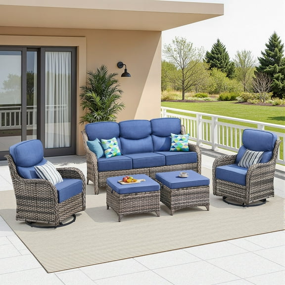 Unnifurnzi 5 Pieces Outdoor Furniture-All Weather Wicker Swivel Patio Chairs with Patio Couch Patio Furniture for Deck Porch Poolside Balcony-Gray/Blue