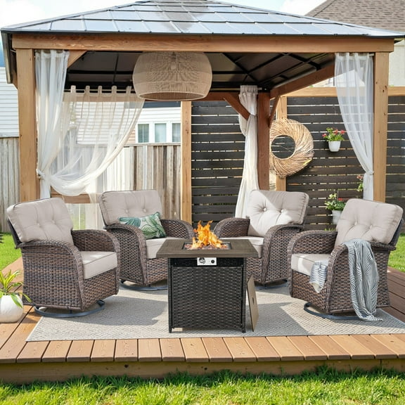 Unnifurnzi 5 Pieces Outdoor Furniture with Fire Pit-All Weather High Back Wicker Outdoor Swivel Chairs Set of 4 Patio Chairs for Deck Porch Garden Balcony Poolside-Brown/Beige