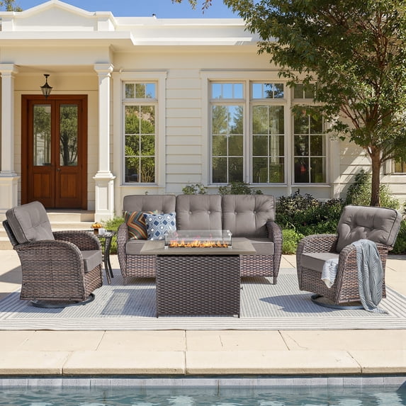 Unnifurnzi 5 Pieces Outdoor Furniture with Fire Pit-All Weather Outdoor Wicker Sofa with Swivel Rocking Chair Outdoor Furniture for Deck Porch Garden Balcony Poolside-Brown/Gray