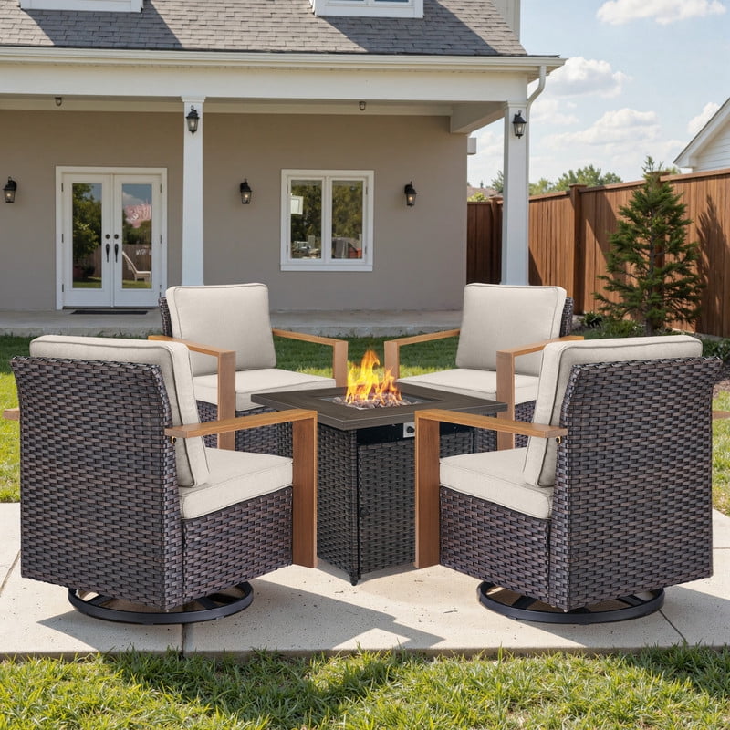 Unnifurnzi 5 Pieces Outdoor Furniture with Fire Pit-High Back Swivel ...