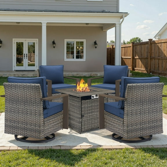 Unnifurnzi 5 Pieces Outdoor Furniture with Fire Pit-High Back Swivel Patio Chairs Set of 4 Small Patio Furniture Set for Garden Backyard Balcony Poolside-Gray/Blue