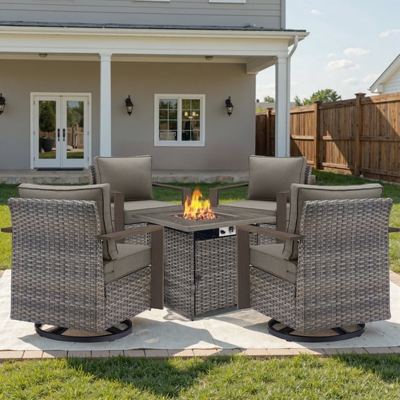 Unnifurnzi 5 Pieces Outdoor Furniture with Fire Pit-High Back Swivel Patio Chairs Set of 4 Small Patio Furniture Set for Garden Backyard Balcony Poolside-Gray/Gray