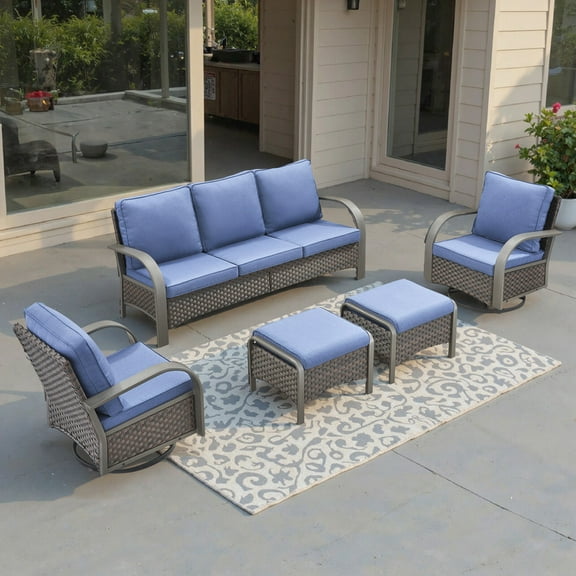 Unnifurnzi 5 Pieces Outdoor Patio Furniture Set-All Weather Wicker Outdoor Couch with Swivel Patio Chairs Wicker Patio Furniture for Deck Porch Garden Poolside Backyard-Brown/Blue