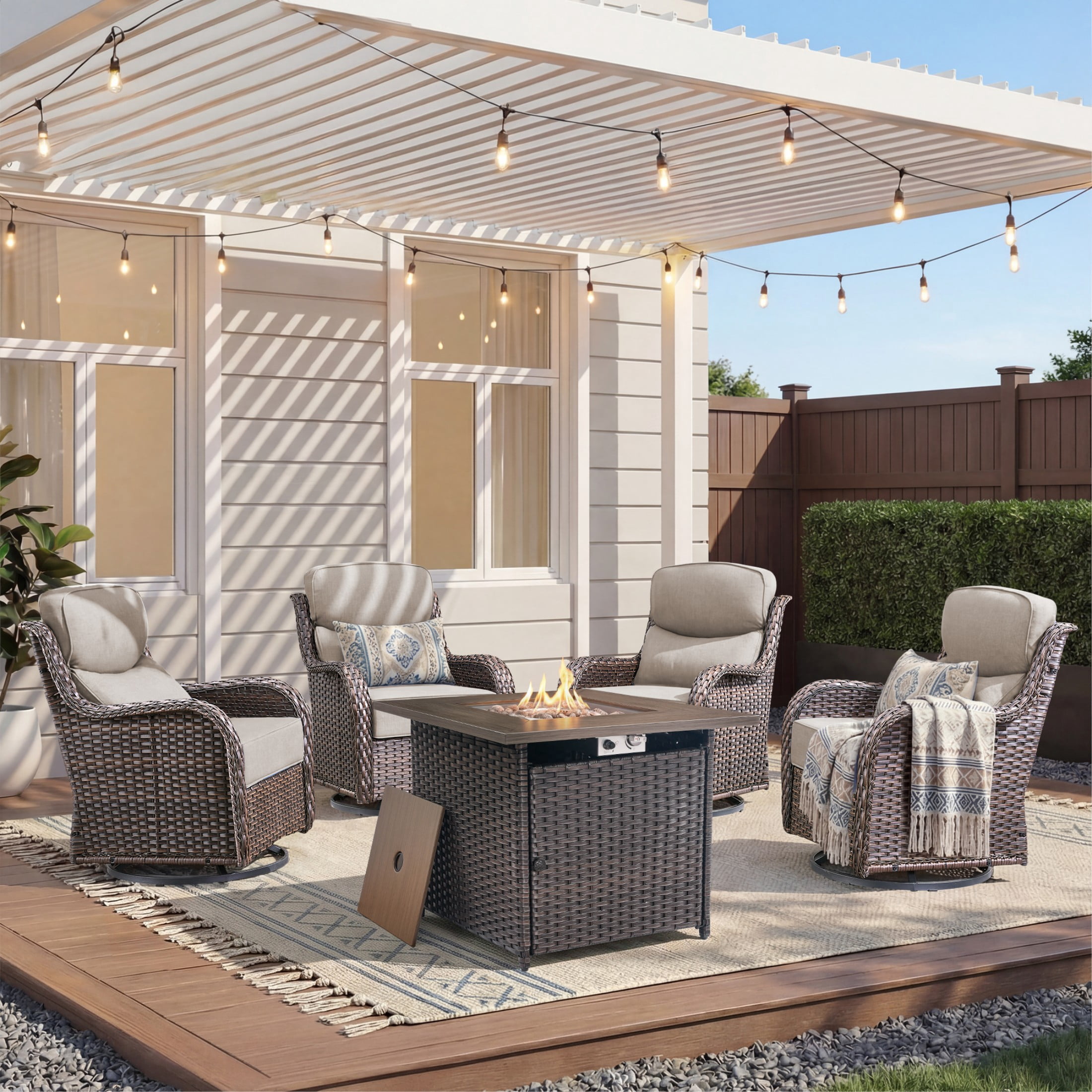 Unnifurnzi 5 Pieces Outdoor Patio Furniture Set with Fire Pit-Outdoor Swivel Chairs Set of 4 Small Patio Furniture Set for Deck Porch Poolside-Brown/Beige