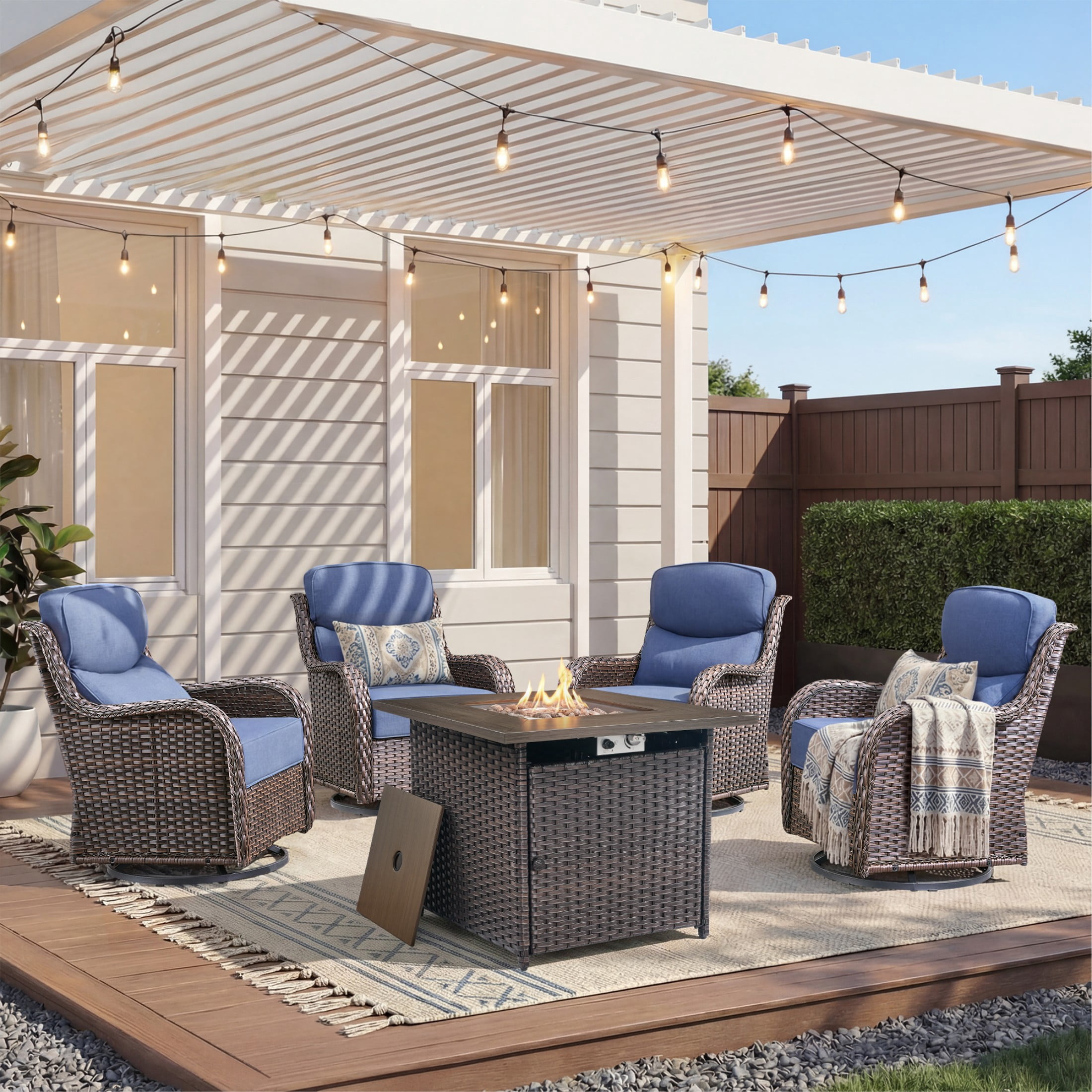 Unnifurnzi 5 Pieces Outdoor Patio Furniture Set with Fire Pit-Outdoor Swivel Chairs Set of 4 Small Patio Furniture Set for Deck Porch Poolside-Brown/Blue