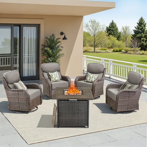 Unnifurnzi 5 Pieces Outdoor Patio Furniture Set with Fire Pit-Outdoor Swivel Chairs Set of 4 Small Patio Furniture Set for Deck Porch Poolside-Brown/Gray