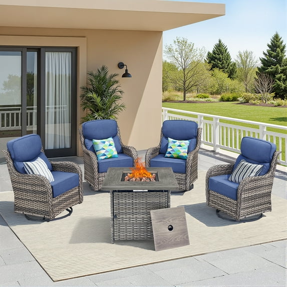 Unnifurnzi 5 Pieces Outdoor Patio Furniture Set with Fire Pit-Outdoor Swivel Chairs Set of 4 Small Patio Furniture Set for Deck Porch Poolside-Gray/Blue