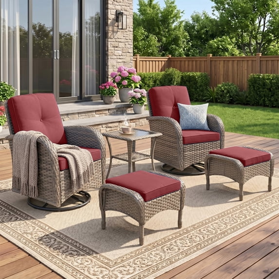 Unnifurnzi 5 Pieces Outdoor Wicker Patio Furniture Set-High Back Outdoor Rocking Chairs Set of 2 with Ottoman Patio Conversation Sets for Deck Lawn Porch Balcony Poolside-Gray/Red