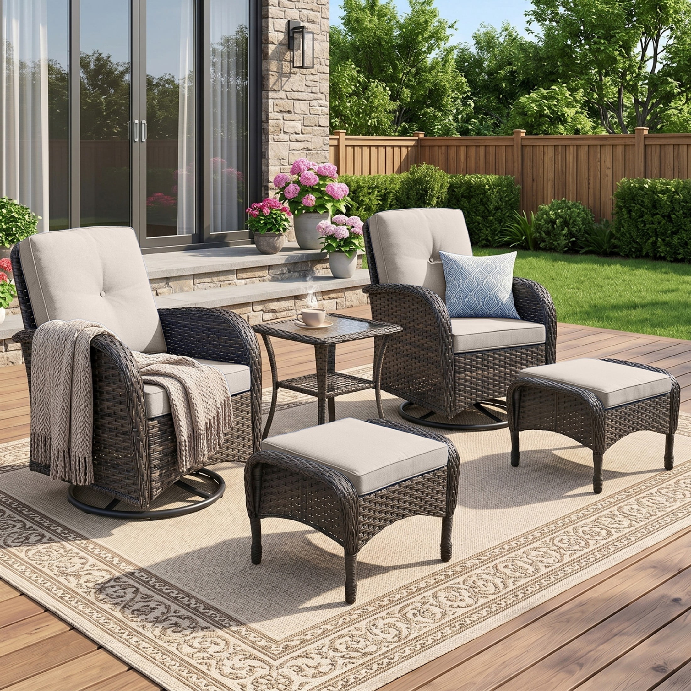 Unnifurnzi 5 Pieces Outdoor Wicker Patio Furniture Set-High Back Outdoor Rocking Chairs Set of 2 with Ottoman Patio Conversation Sets for Deck Lawn Porch Balcony Poolside-Brown/Beige