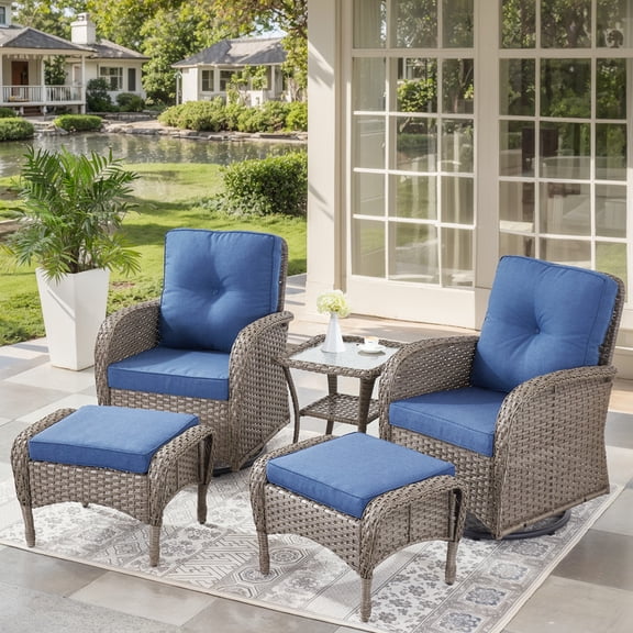 Unnifurnzi 5 Pieces Outdoor Wicker Patio Furniture Set-High Back Outdoor Rocking Chairs Set of 2 with Ottoman Patio Conversation Sets for Deck Lawn Porch Balcony Poolside-Gray/Blue