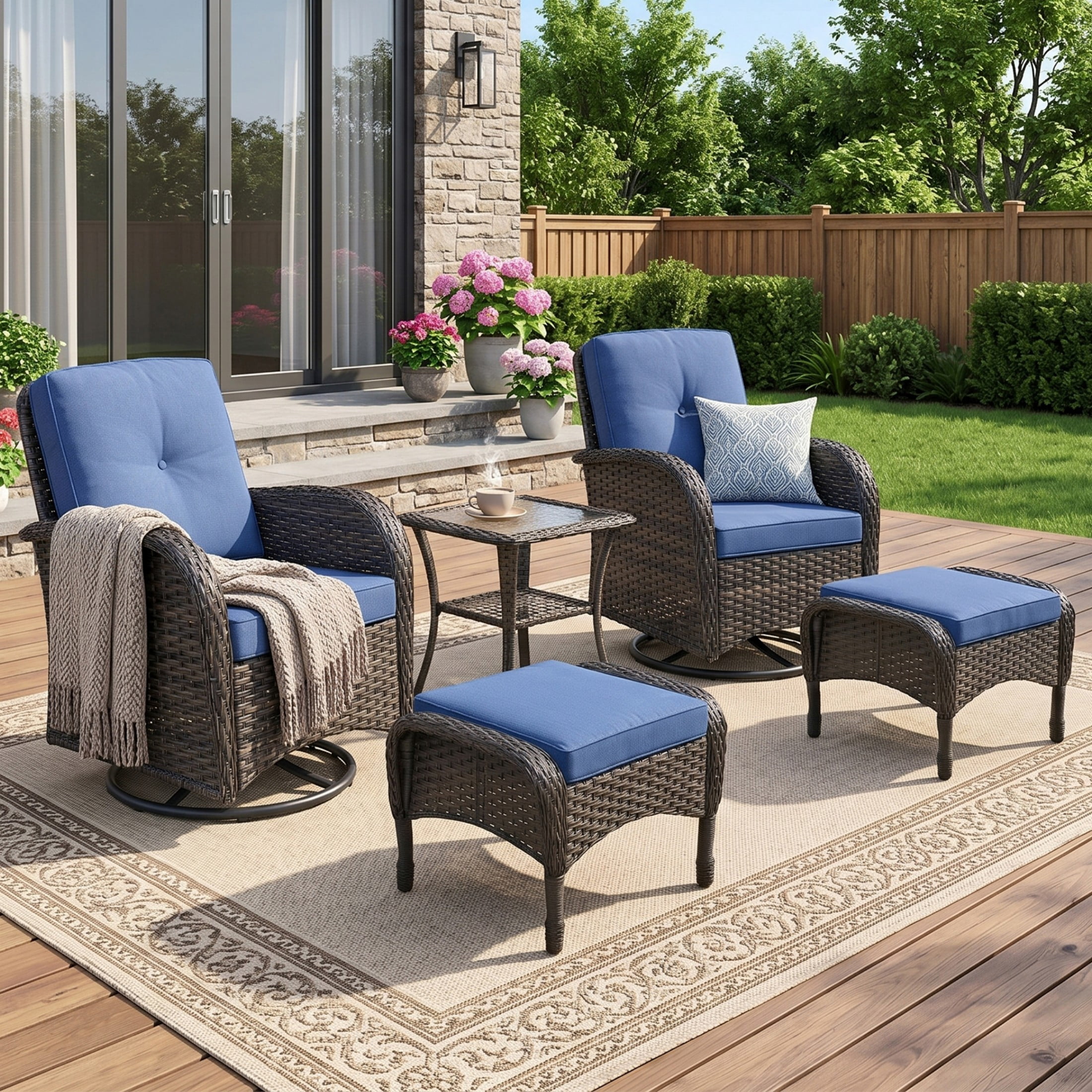 Unnifurnzi 5 Pieces Outdoor Wicker Patio Furniture Set-High Back Outdoor Rocking Chairs Set of 2 with Ottoman Patio Conversation Sets for Deck Lawn Porch Balcony Poolside-Brown/Blue
