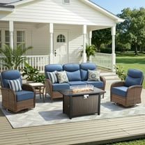 Unnifurnzi 5 Pieces Patio Furniture with Fire Pit-6'' Thick Cushions Outdoor Furniture with Swivel Rocker Chairs Outdoor Couch Wicker Patio Furniture For Deck Porch Garden Poolside-Brown/Blue